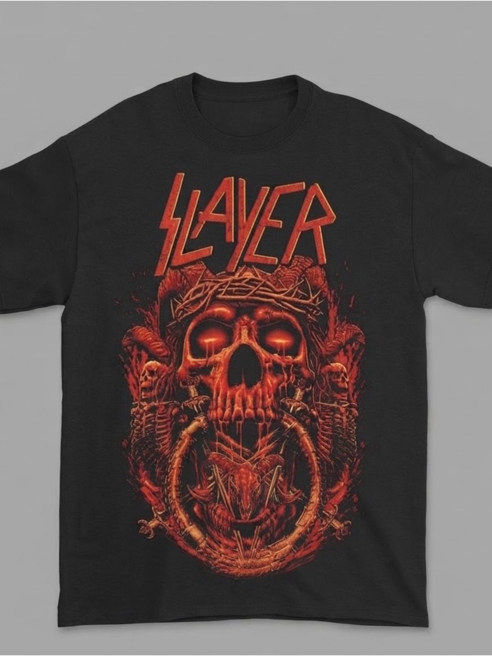 Slayer Black Graphic Band Tee with Red Skull Artwork